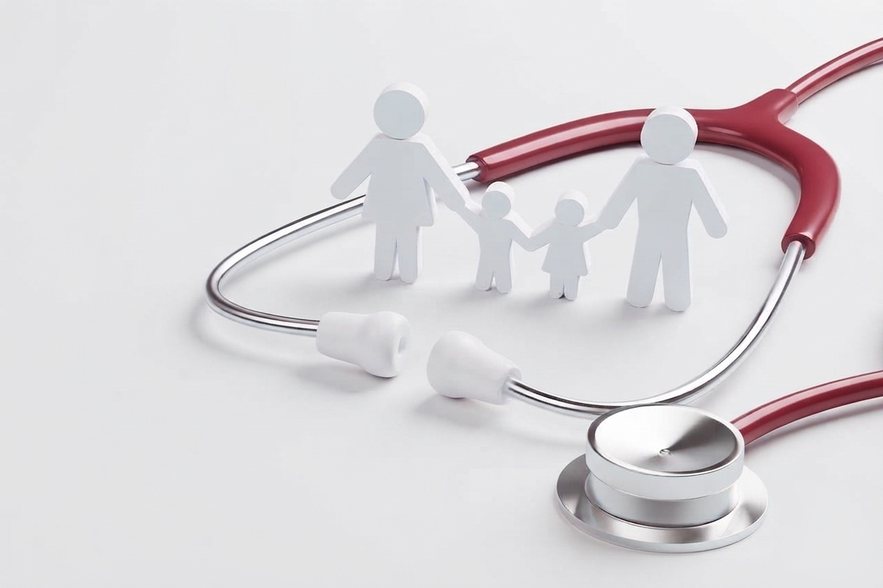 Paper family figures inside a red stethoscope