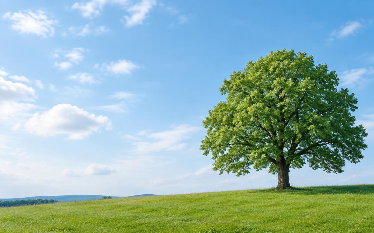 A lone tree on a green field under a blue sky, symbolising growth and wellbeing